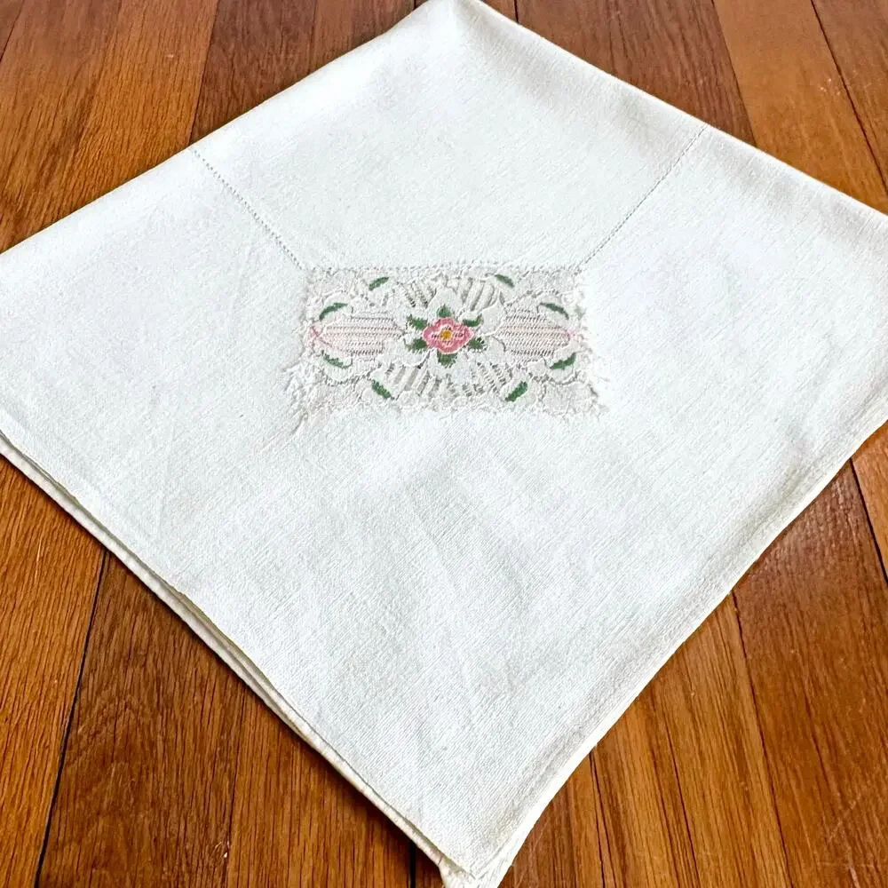 Vintage Cotton Cutwork Table Topper, Floral Embroidery 26.5x28